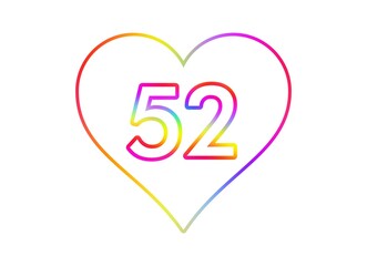 Number 52 into a white heart with rainbow color outline.