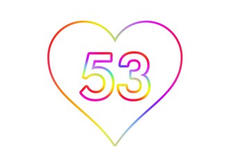 Number 53 into a white heart with rainbow color outline.