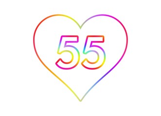 Number 55 into a white heart with rainbow color outline.