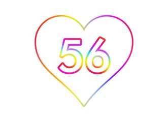 Number 56 into a white heart with rainbow color outline.