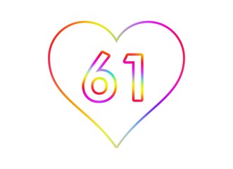 Number 61 into a white heart with rainbow color outline.