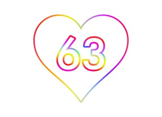 Number 63 into a white heart with rainbow color outline.