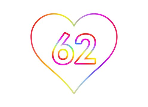 Number 62 into a white heart with rainbow color outline.