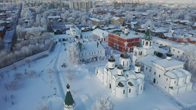 View from drones of Spaso-Preobrazhensky monastery winter in Murom, Russia. High quality 4k footage