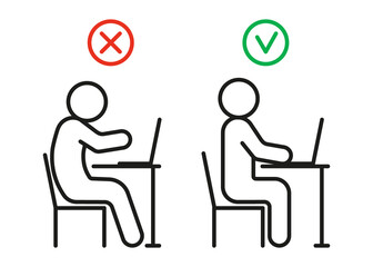 Incorrect curve and correct health posture of sitting on computer. Health preservation rules. Avoid poor posture and vision, spine problems. Vector line illustration