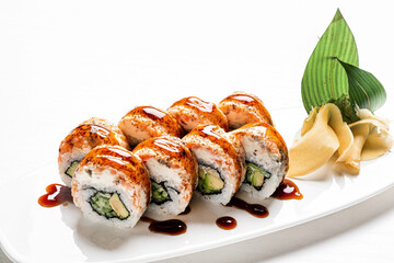 tasty sushi with fresh fish and vegetables