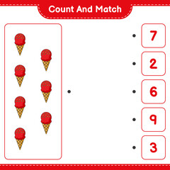 Count and match, count the number of Ice Cream and match with the right numbers. Educational children game, printable worksheet, vector illustration