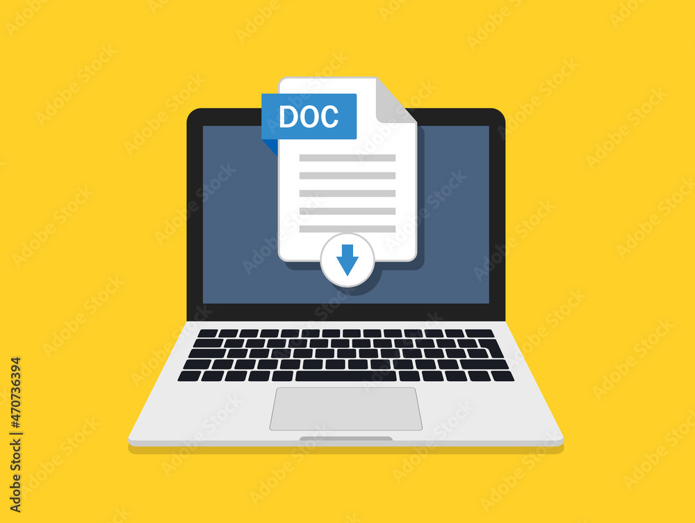 Poster download of doc document in computer. icon of upload file in laptop. digital text file for download 