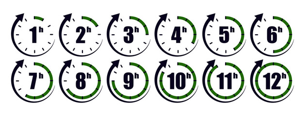 Timer icon. Stopwatch with minute and hour. Clock for time, deadline, countdown and stop. Watch with hour from 1 to 12. Chronometer for speed, sport and cooking. Set of graphic symbols. Vector - obrazy, fototapety, plakaty