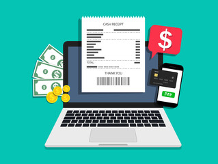 Online payment in computer with invoice, money, credit card and smartphone. Electronic bill for online transaction. Bank receipt in laptop. Icon of pay tax. Notification on screen. Payroll id. Vector