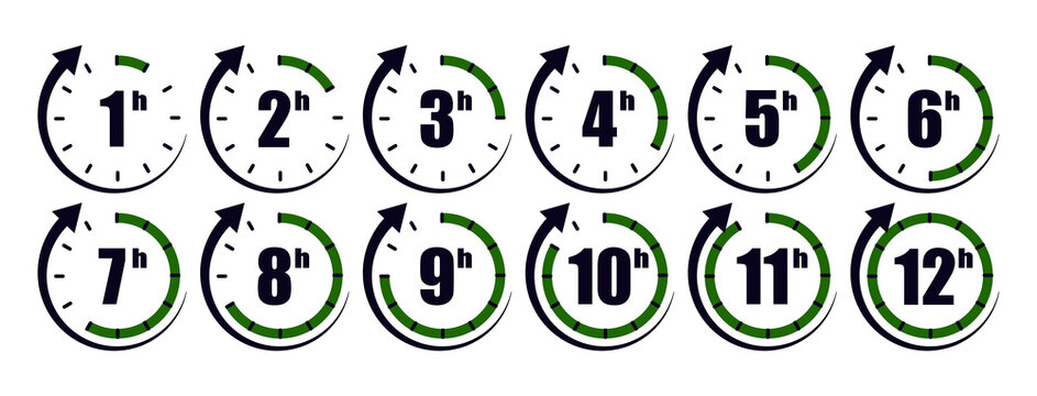 Timer icon. Stopwatch with minute and hour. Clock for time, deadline, countdown and stop. Watch with hour from 1 to 12. Chronometer for speed, sport and cooking. Set of graphic symbols. Vector