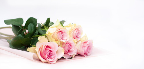 Pink roses on a white background with space for text.