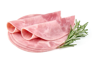 Cooked ham with rosemary isolated on white background.