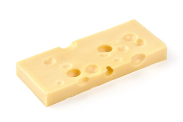 Swiss cheese block isolated on white background.