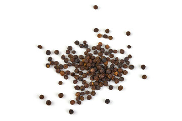 Black peppercorns, isolated on white background.