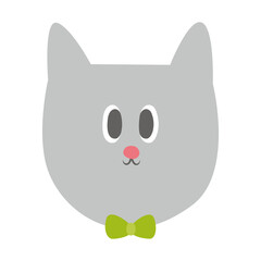 Cat face with bow tie. Funny pet in doodle flat style.
