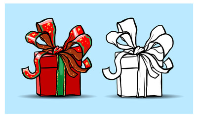 Christmas isolated elements. Gift boxes. Cartoon,colorfull and contour. Sketch.