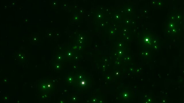 Green shimmering abstract energy particles background. Concept 3D illustration overlay of rising and floating futuristic artificial intelligence quantum nanotechnology robots swirling in space.