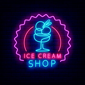 Ice cream shop neon sign. One line drawing. Sweet bar. Dessert logo. Isolated vector stock illustration