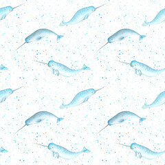 Watercolor blue teal narwhals seamless pattern background