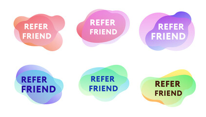 Refer friend badges. Vector illustration in flat design. Set of colorful dynamic icon isolated on white backdrop