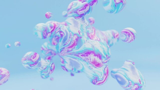 Liquid acrylic watercolor painted animated metaball or organic floating spheres blobes drops or bubbles 3d render abstract background. Fluid moving water clouds beautiful creative animation
