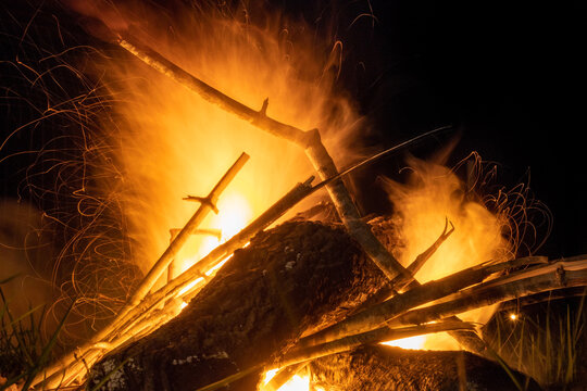 A campfire in the fireplace