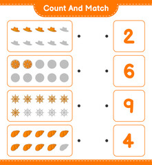 Count and match, count the number of Summer Hat, Orange, Ship Steering Wheel, Sea Shells and match with the right numbers. Educational children game, printable worksheet, vector illustration