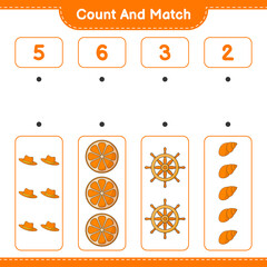 Fototapeta na wymiar Count and match, count the number of Summer Hat, Orange, Ship Steering Wheel, Sea Shells and match with the right numbers. Educational children game, printable worksheet, vector illustration
