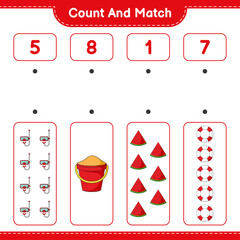 Count and match, count the number of Scuba Diving Mask, Sand Bucket, Watermelon, Lifebuoy and match with the right numbers. Educational children game, printable worksheet, vector illustration