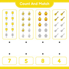 Fototapeta na wymiar Count and match, count the number of Cocktail, Cup Cake, Ukulele, Coral and match with the right numbers. Educational children game, printable worksheet, vector illustration