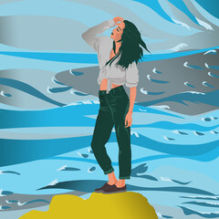 Młoda zamyślona  dziewczyna z długimi włosami stoi na skale nad wodą - obrazy, fototapety, plakaty