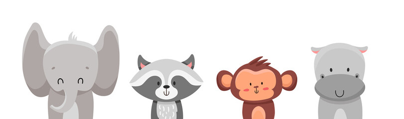 Cartoon cute animals for baby card and Shower party invitation. Vector illustration for your design