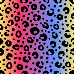 Vector seamless pattern for fabric, stationery, wallpaper. Rainbow leopard print. Black spots on gradient backdrop