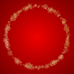 Christmas snowflakes on red background. Glitter frame for seasonal winter banners, gift coupon, voucher, ads, party event. Santa Claus colors with golden Christmas snowflakes. Falling snow for holiday