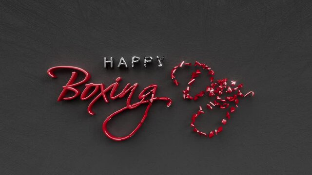 Happy Boxing Day sale text inscription, winter season of gifts and week shopping holiday concept, glitter sparkle decorative animated lettering, 3d render of festive greeting card motion background