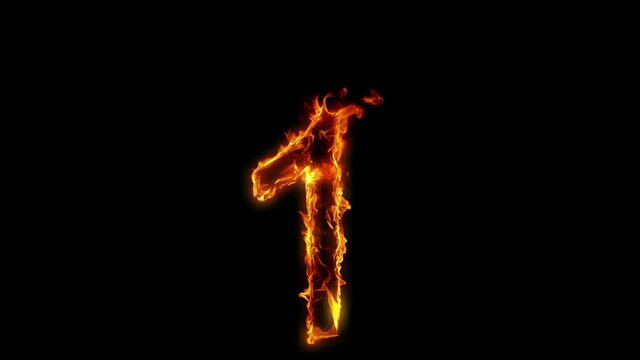 Super Slow Motion Shot of Burning Number 1 Isolated on Black Background at 1000 fps.