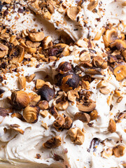 Frozen Hazelnut flavour gelato - full frame detail. Close up of a white creamy surface texture of Ice cream covered with pieces of nuts.