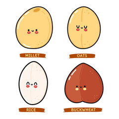 Funny cute happy groats characters bundle set. Vector kawaii line cartoon style illustration. Cute groats mascot character collection