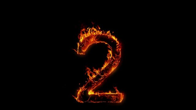 Super Slow Motion Shot of Burning Number 2 Isolated on Black Background at 1000 fps.