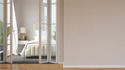 3D render of beautiful luxury master bedroom with empty wall in classic modern style with sunlight through window and fresh air flow. Contemporary interior design real estate for wellbeing.
