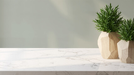 Realistic 3d Render for organic or natural product display concept. Indoor plants in modern design wooden pot on marble counter top with morning sun light. Background, mockup, backdrop.