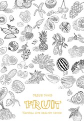 Fruit collection in flat hand drawn style, illustrations set. Decorative retro style collection hand drawn farm product for restaurant menu. Vector.