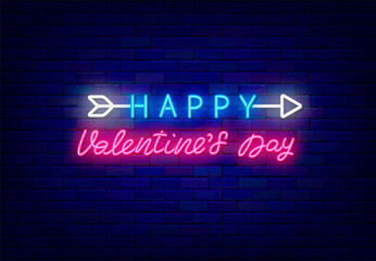 Happy Valentines Day neon lettering. Cupid arrow. Greeting card. Outer glowing effect banner. Vector stock illustration