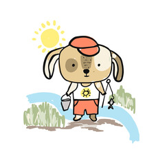 Obraz na płótnie Canvas Cute sketch hand drawn color pencil fishing dog illustration. Bright cartoon summer childish funny pet for kids print design, textile decoration, greeting cards, print, stickers, logo