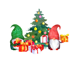 Christmas gnomes near decorated spruce tree with a lot of gift boxes. Pine with holiday baubles decoration. Watercolor illustration