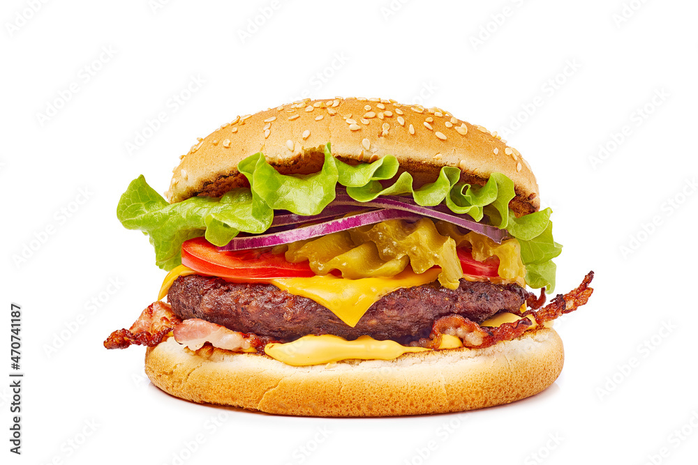 Wall mural tasty burger classic american hamburger on white background