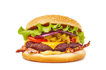 Tasty burger classic american hamburger on white background - obrazy, fototapety, plakaty
