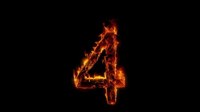 Super Slow Motion Shot of Burning Number 4 Isolated on Black Background at 1000 fps.