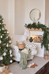 Christmas scandinavian living room. Green and white decor christmas tree background. New Year celebration. Merry Christmas and Happy New Year.